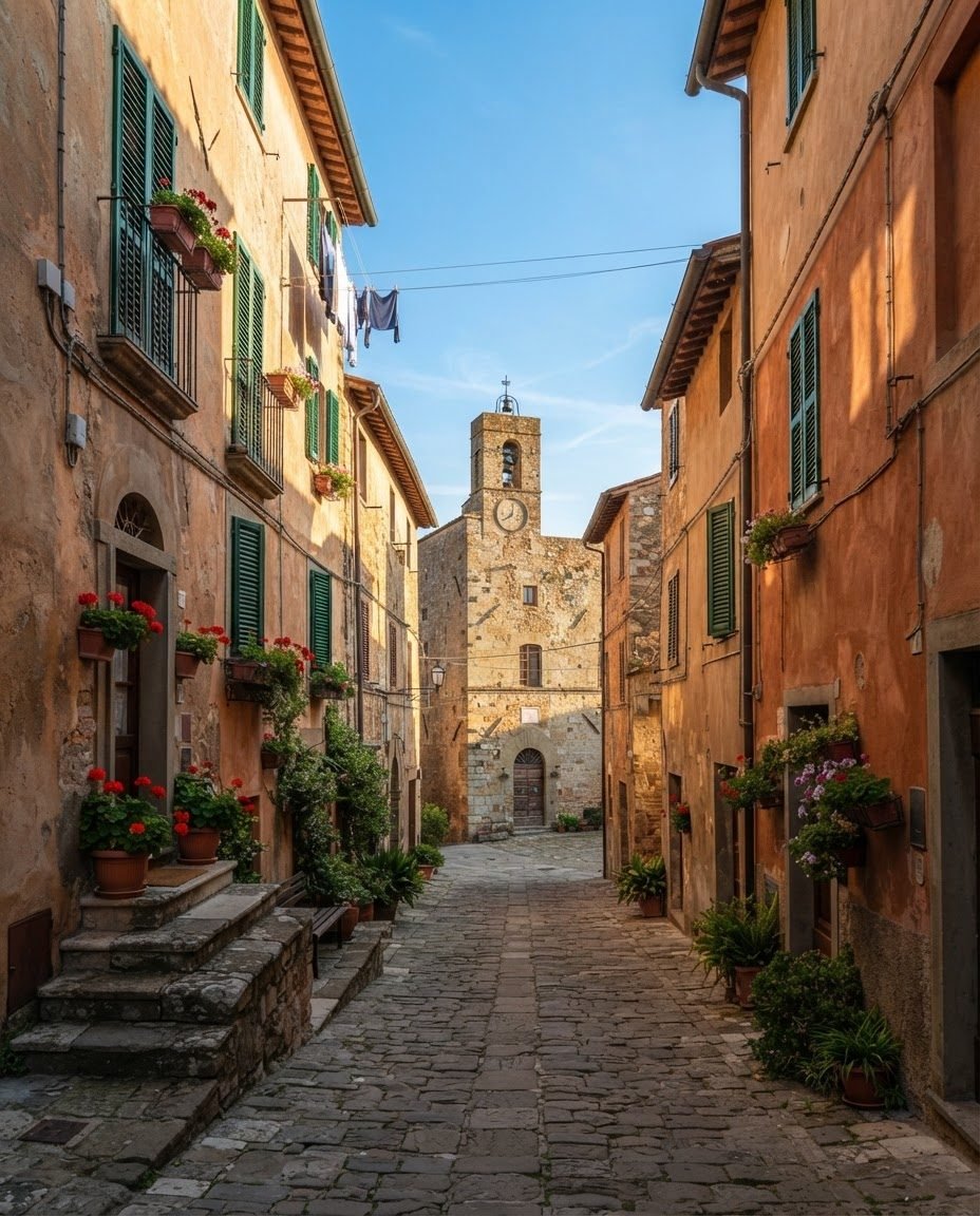 Rua de pedra em uma pequena cidade italiana pela manhã