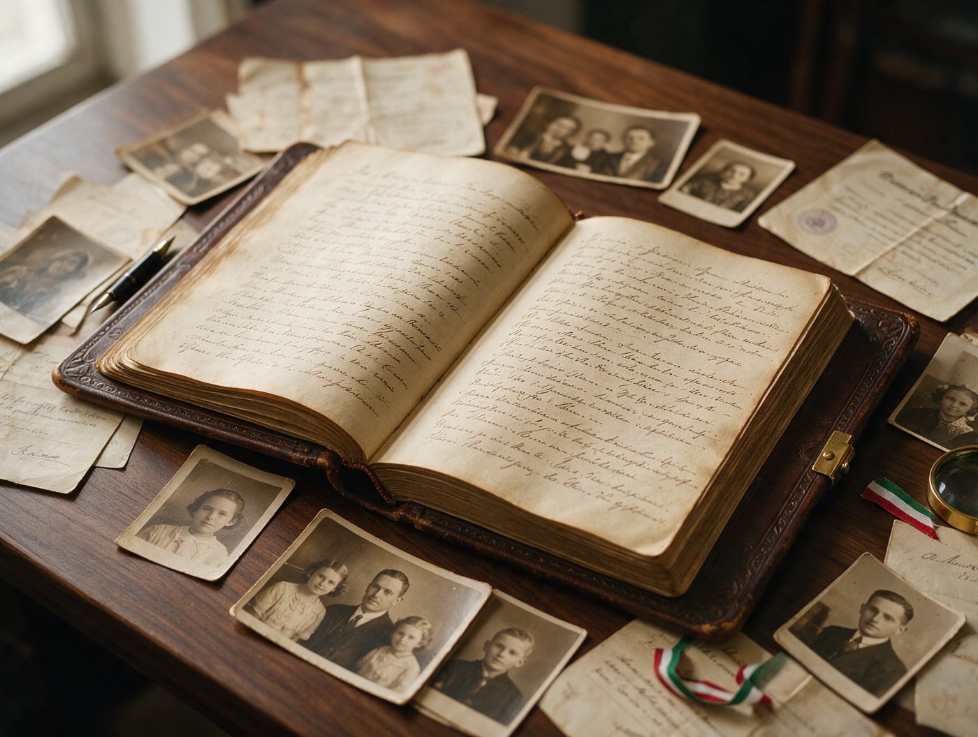 Livro antigo, retratos de família e certidões sobre uma mesa